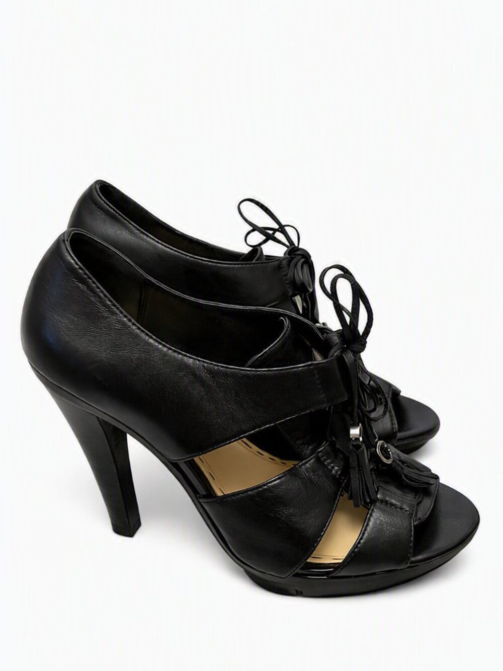 Coach Teagan Black Leather Heels | Lace‑Up Peep Toe Pumps Gunmetal Tassel Detail
